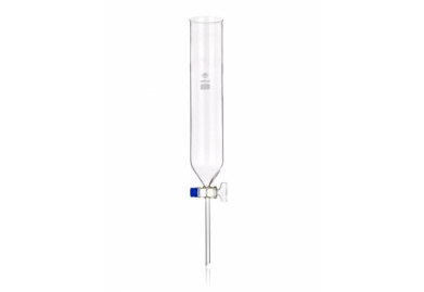  A glass burette with a cylindrical body, a stopcock at the bottom with a blue handle for controlling liquid flow, and a straight delivery tube