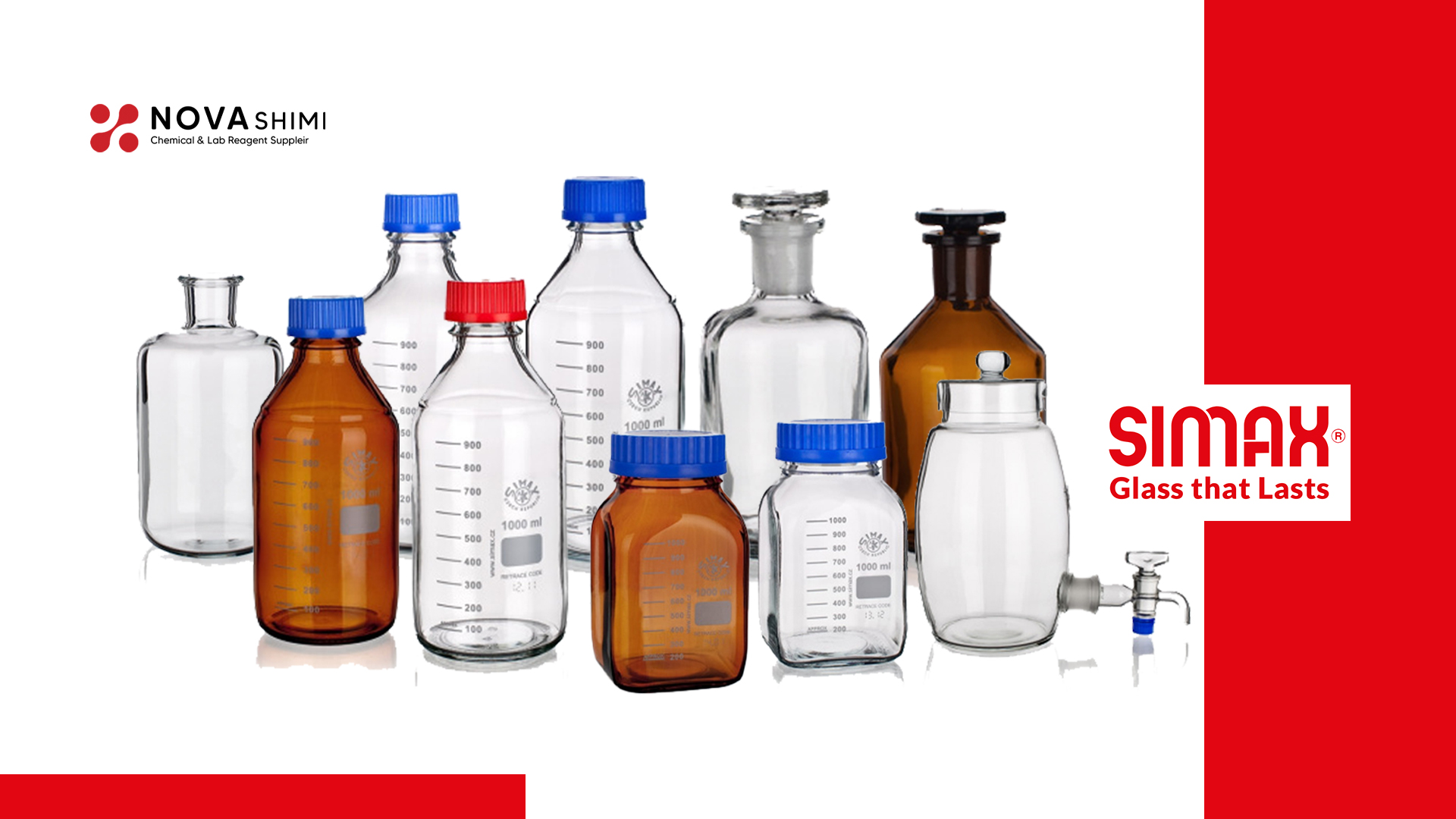 The banner introducing all kinds of laboratory bottles of Zimax brand; Including bottles with lids, amber glass bottles and all kinds of Zemax laboratory bottles in different sizes