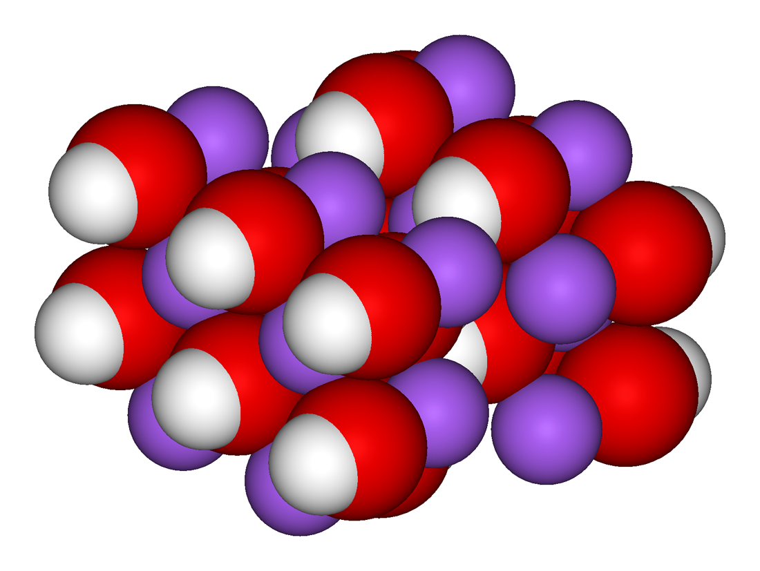  The chemical formula and three-dimensional structure of sodium hydroxide, drawn in purple and red colors, showing the ar 