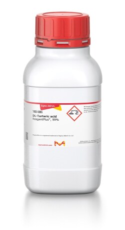 Merck laboratory tartaric acid placed in a white plastic bottle with a product specification label