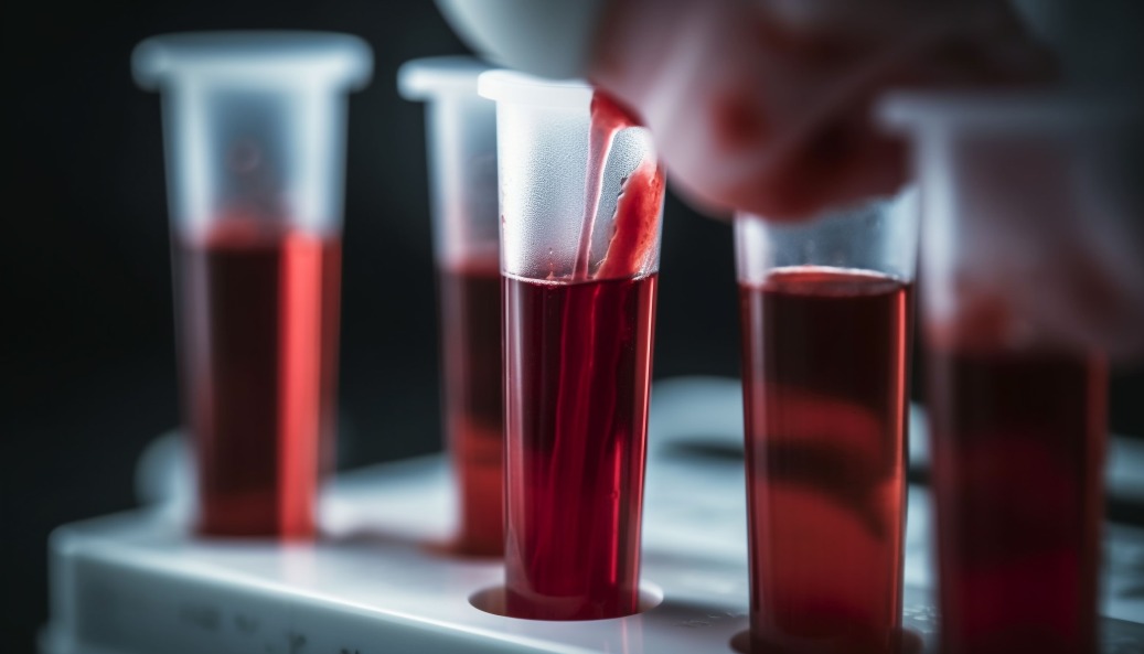 A scientist in a lab pouring a red liquid into a test tube, with other filled test tubes in a rack blurred in the background.