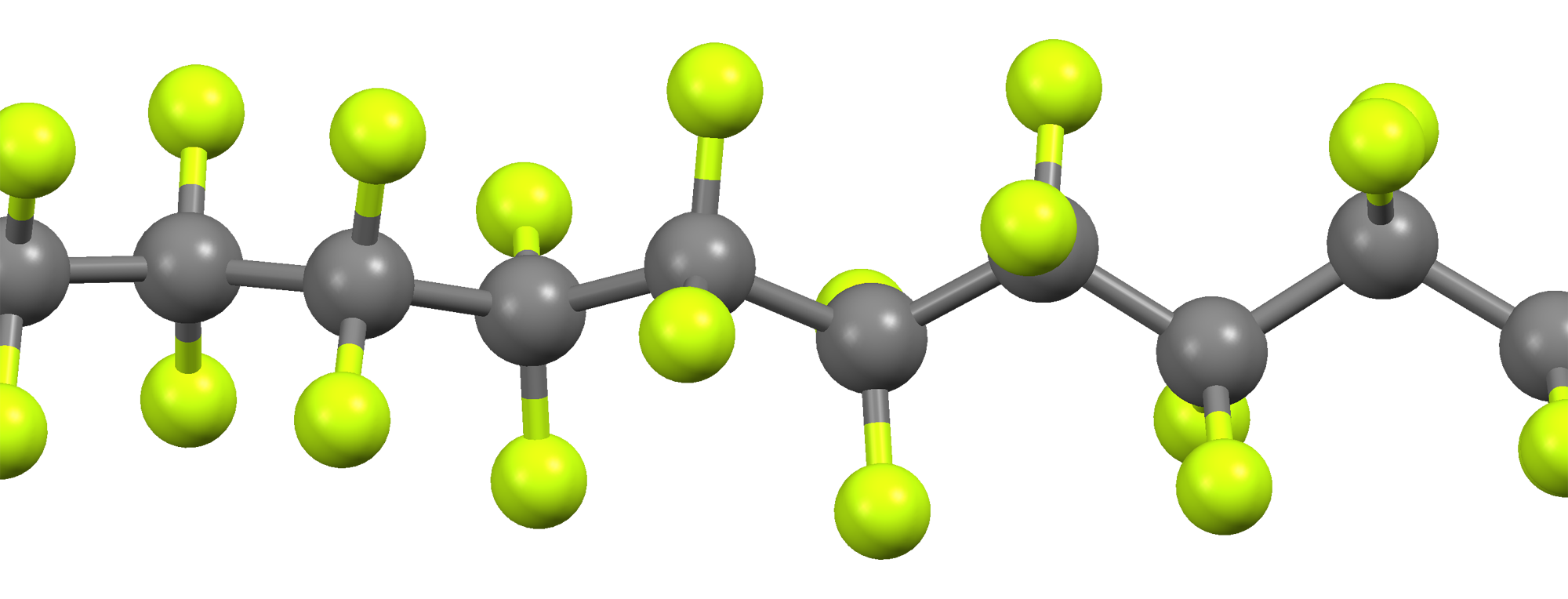 Teflon molecular structure designed in three dimensions in green and gray colors