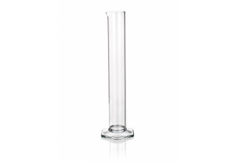 A transparent glass graduated cylinder with a spout at the top for pouring and a hexagonal base for stability, standing upright against a plain white background.