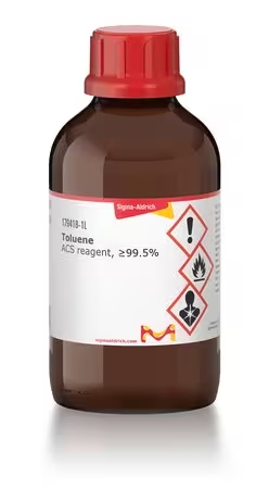 Sigma-Aldrich brand laboratory glass in brown color with a red lid containing laboratory toluene with a white label and content including the technical specifications of toluene.