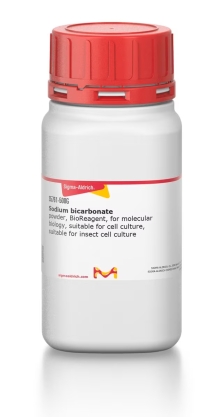 Sigma-Aldrich sodium bicarbonate in a white bottle with a red cap and technical specifications label