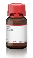 Merck brand tannic acid lab glass with information and product identifiers on it