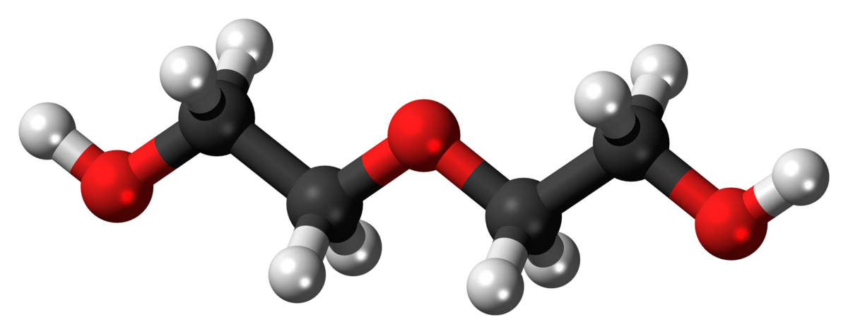 The molecular structure of diethylene glycol and how the molecules connect to each other in three dimensions