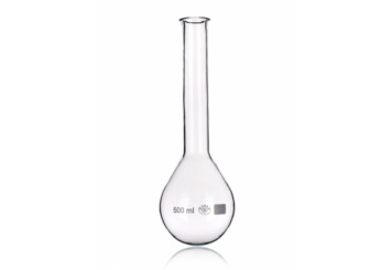 A clear glass volumetric flask with a long narrow neck and a round bulbous base. The flask is marked with a label indicating 500 ml. The background is plain white.