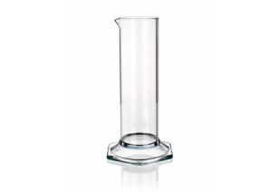 A clear glass graduated cylinder with a spout and a wide, stable base. The cylinder is empty and standing upright against a plain white background.