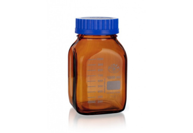 A square amber glass bottle with a blue screw cap, used for storing chemicals or samples. The bottle has graduated markings in milliliters on the side, indicating measurement levels up to 1000 ml.