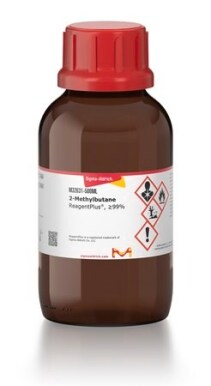 2- Merck laboratory methylbutane in an amber brown bottle with a red lid and a product specification label