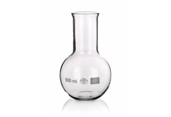 A transparent glass laboratory boiling flask with a round bottom and narrow neck, marked with a 500 ml volume indicator and other small markings near the base. The flask is empty and clean, set against a plain white background.