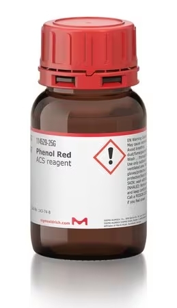 Sigma-Aldrich brand phenol red in a brown bottle with a technical specification label