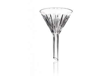 A clear martini glass with a wide, conical bowl and a long, slender stem. The glass has linear cut patterns emanating from the base of the bowl, creating a starburst effect. It is displayed against a plain white background.