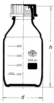 Drawing of a laboratory bottle with a blue PP cap with a blue PP outlet ring​​​​​​