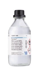 Nitric acid 65% laboratory glass of Merck brand, on which information and product identifiers are inserted