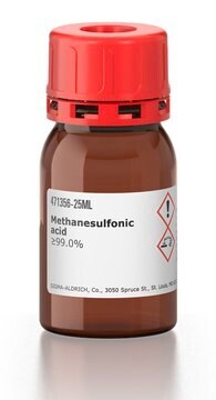 Methane sulfonic acid of Sigma Ahdrich, in a glass with a red lid and a white label containing technical specifications and containing 25 ml of the product.