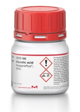 Laboratory glycolic acid from Sigma-Aldrich brand with a rust-red lid and a white bottle with a technical specification label.