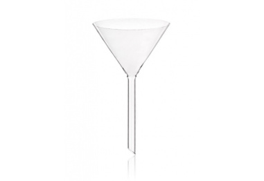 A transparent glass or plastic funnel with a wide top that gradually narrows down to a straight, cylindrical spout at the bottom. The funnel is standing upright on a plain white background.