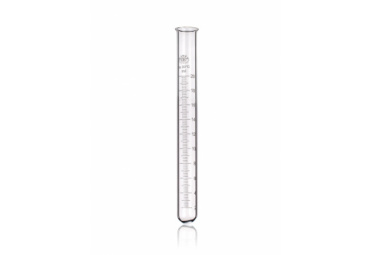 A transparent glass graduated cylinder with measurement markings in milliliters (mL) stands upright against a white background. Its tall, narrow shape is designed for precise liquid measurement in scientific experiments.