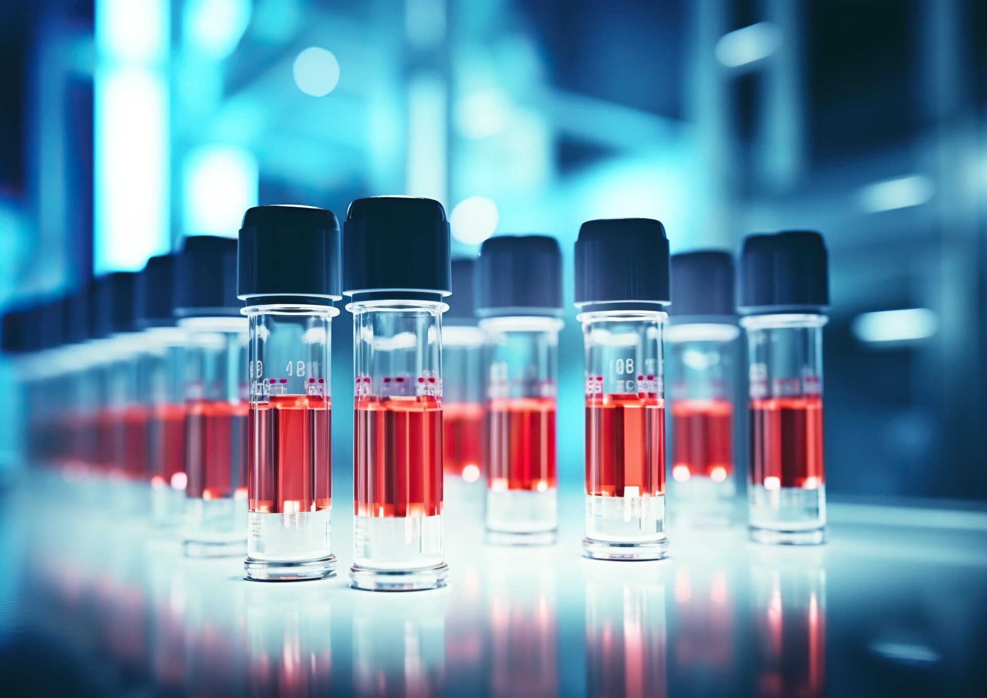 Rows of vials containing red chemical liquid, labeled and capped, on a laboratory bench with a blue illuminated background.