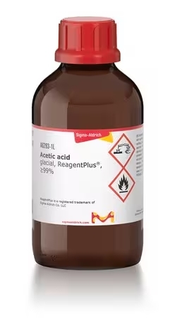 Sigma-Aldrich brand laboratory acetic acid in amber brown container with red lid and white label with technical specifications