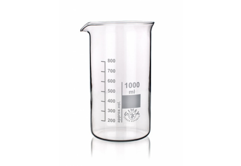 Long laboratory beaker with graduated glass rim