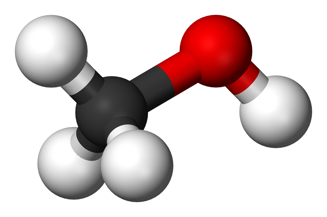  The chemical structure of methanol in three dimensions in red, gray and black colors 