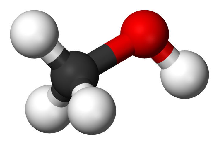 The chemical structure of methanol in three dimensions in red, gray and black colors