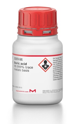 Sigma Aldrich boric acid in a white bottle with a red cap