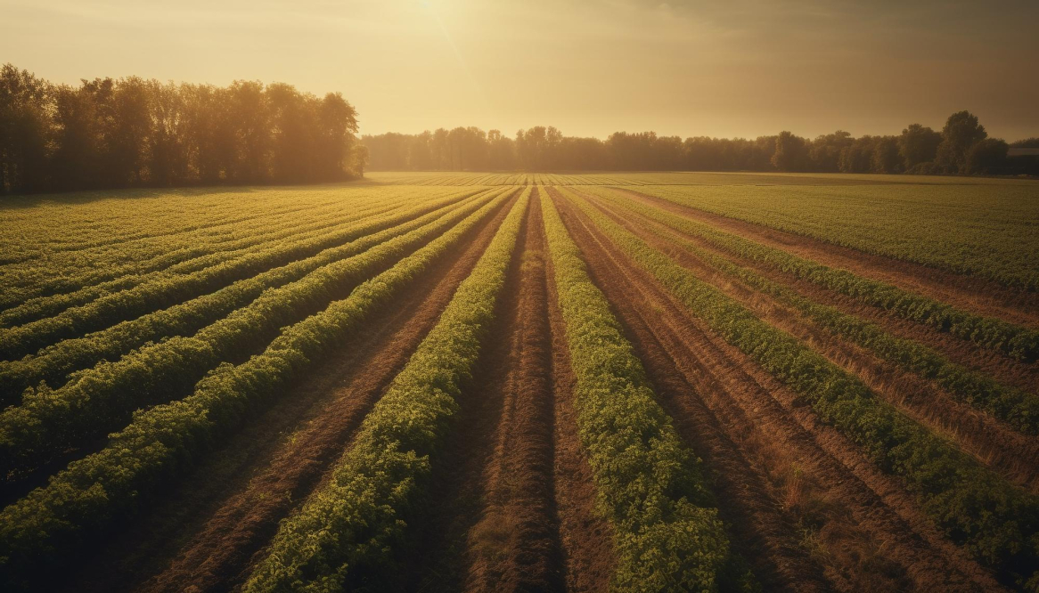 Sunrise over a lush farm field with neat rows of crops, trees lining the horizon, and a warm golden light bathing the scene.