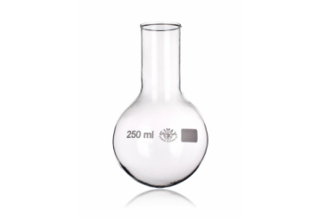 A clear 250 ml round-bottomed laboratory flask with a cylindrical neck. The measurement 