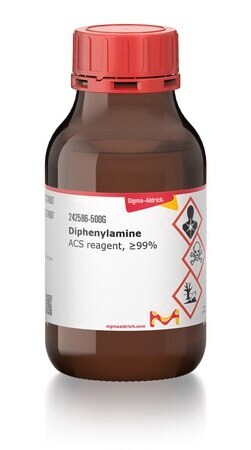 Sigma Ahdrich brand laboratory diphenylamine in a brown bottle with a white label and technical specifications