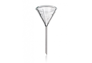 A clear glass funnel with a narrow, cylindrical stem and a wide, conical top. The funnel is simple in design, typically used in laboratories or for pouring liquids without spilling. The funnel is shown against a plain white background.