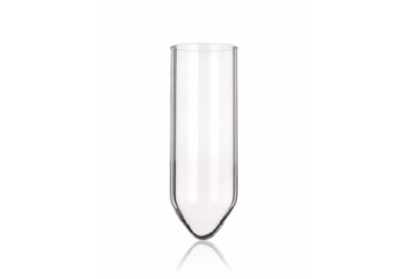 A single, clear glass test tube with a rounded bottom is shown against a plain white background. The test tube appears empty and is upright.