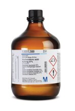 Hydrochloric acid 37% Merck brand laboratory glass with information and product identifiers on it