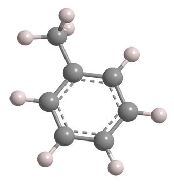 The molecular structure of toluene is designed in 3D and drawn in gray and white colors