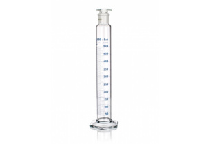 A clear glass graduated cylinder standing upright with measurement markings in milliliters (mL) from 50 mL to 500 mL. The cylinder has a flat, hexagonal base and a narrow neck with a small spout at the top.