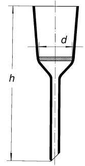 A vertical line drawing of a test tube with a curved bottom. The tube is labeled with two dimensions: 