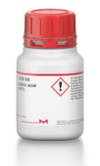 Merck brand citric acid lab glass with information and product identifiers on it