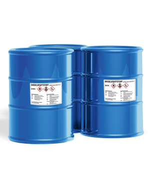 Industrial metal barrels in blue color with product specifications label containing monoethylene glycol