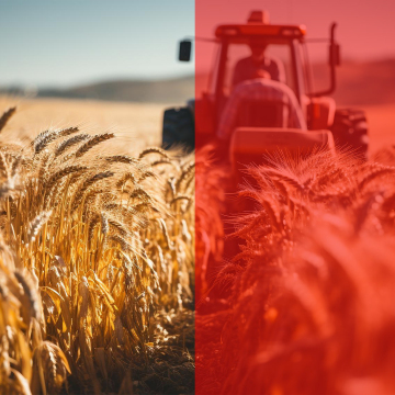 Split image showing ripe golden wheat close-up on the left, and a red tractor harvesting in a wheat field under a bright light on the right.