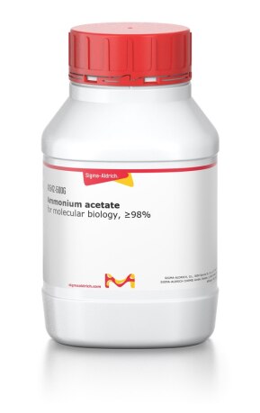 A white plastic bottle with a red lid of the Sigma brand containing laboratory ammonium acetate with a product specification label in a volume of 500 grams.