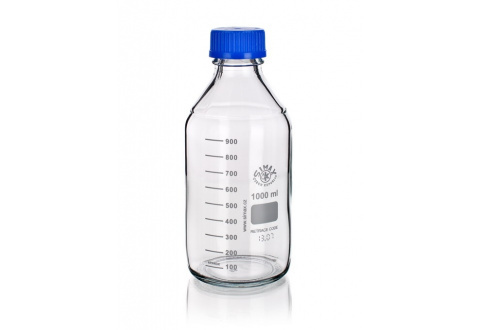 Zimax brand laboratory bottle with blue PP cap with blue PP outlet ring