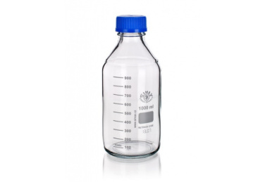 A clear, cylindrical glass bottle with a blue screw cap. The bottle has measurements marked in milliliters (ml) along the side, with the highest measurement showing 1000 ml. The cap has a ridged texture for grip, and there are additional markings and labels on the bottle.