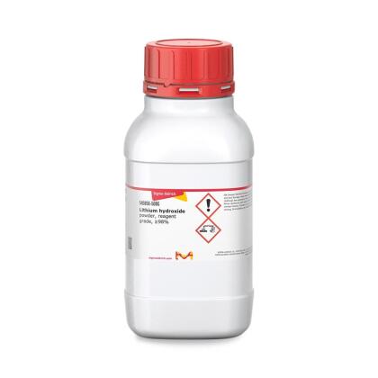 Sigma-Aldrich brand lithium hydroxide, in a white package with a red lid and with a product technical specifications label