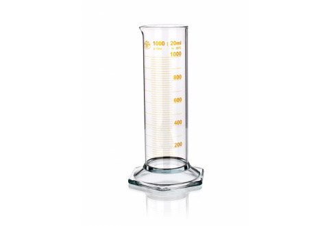 A transparent glass graduated cylinder with a maximum capacity of 1000 milliliters is shown. It has yellow measurement markings along the side, starting from 0 at the bottom up to 1000 at the top. The base is hexagonal for stability.