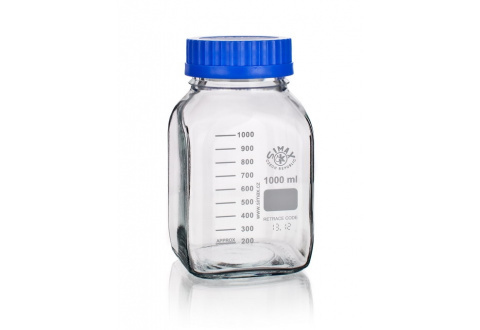 GL80 glass laboratory bottle with blue PP cap and propylene gasket