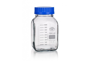 Clear glass laboratory bottle with a blue screw cap, marked with measurement lines up to 1000 ml. The bottle is square-shaped with rounded edges and displays volume markings and a label space on the front.