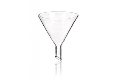 A transparent glass funnel with a wide, conical top narrowing down to a straight, cylindrical spout. The image shows the funnel against a plain white background with a subtle reflection beneath it.